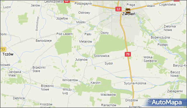 mapa Sosnowica gmina Zwoleń, Sosnowica gmina Zwoleń na mapie Targeo
