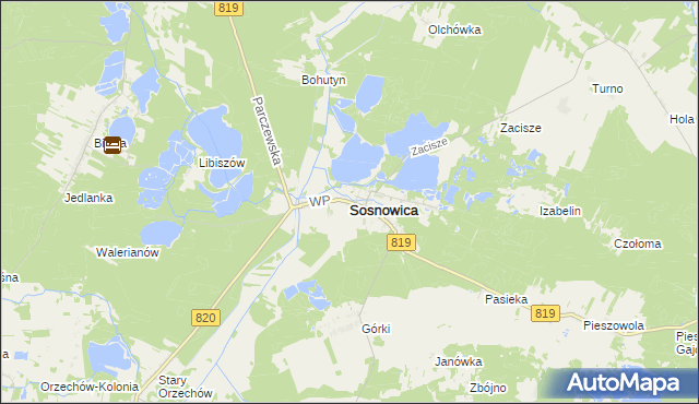 mapa Sosnowica powiat parczewski, Sosnowica powiat parczewski na mapie Targeo