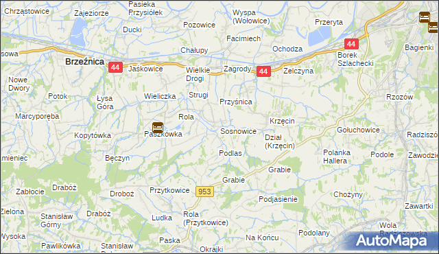 mapa Sosnowice gmina Brzeźnica, Sosnowice gmina Brzeźnica na mapie Targeo