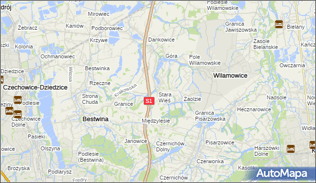mapa Stara Wieś gmina Wilamowice, Stara Wieś gmina Wilamowice na mapie Targeo