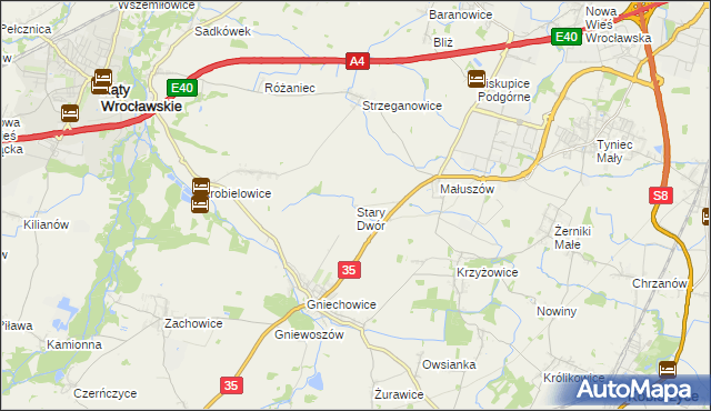 mapa Stary Dwór gmina Kąty Wrocławskie, Stary Dwór gmina Kąty Wrocławskie na mapie Targeo