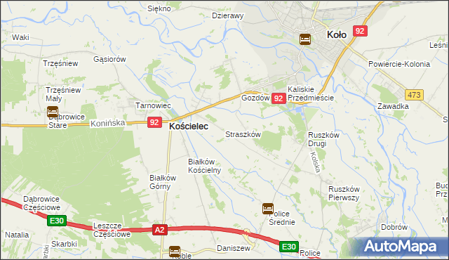 mapa Straszków gmina Kościelec, Straszków gmina Kościelec na mapie Targeo