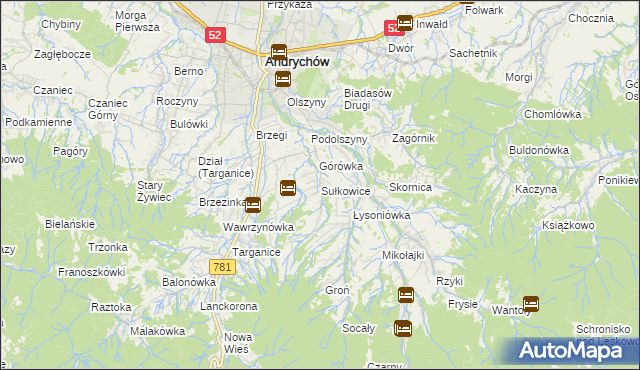 mapa Sułkowice gmina Andrychów, Sułkowice gmina Andrychów na mapie Targeo