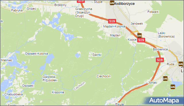 mapa Świnki gmina Modliborzyce, Świnki gmina Modliborzyce na mapie Targeo