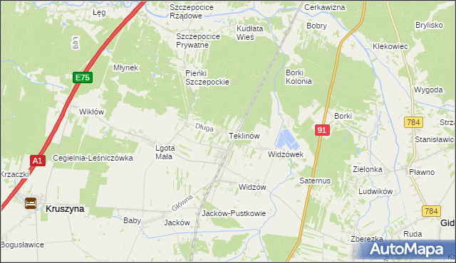 mapa Teklinów gmina Kruszyna, Teklinów gmina Kruszyna na mapie Targeo