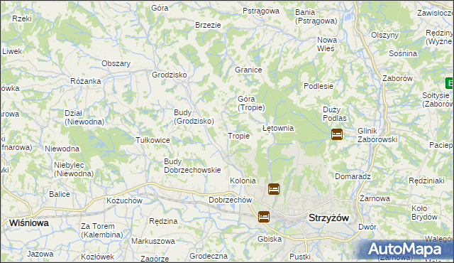 mapa Tropie gmina Strzyżów, Tropie gmina Strzyżów na mapie Targeo