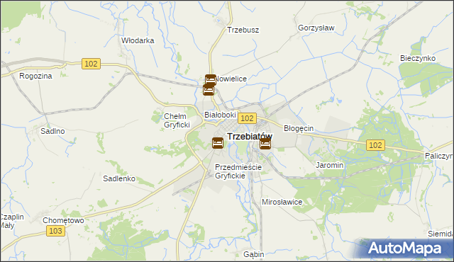 mapa Trzebiatów powiat gryficki, Trzebiatów powiat gryficki na mapie Targeo