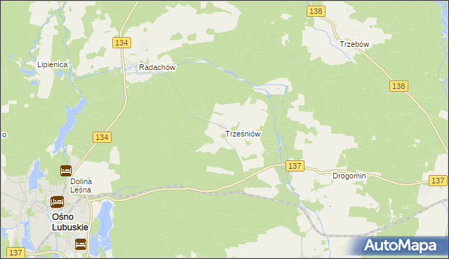 mapa Trześniów gmina Ośno Lubuskie, Trześniów gmina Ośno Lubuskie na mapie Targeo