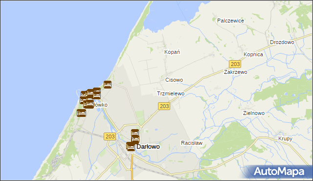 mapa Trzmielewo gmina Darłowo, Trzmielewo gmina Darłowo na mapie Targeo