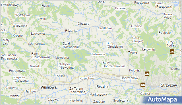 mapa Tułkowice gmina Wiśniowa, Tułkowice gmina Wiśniowa na mapie Targeo