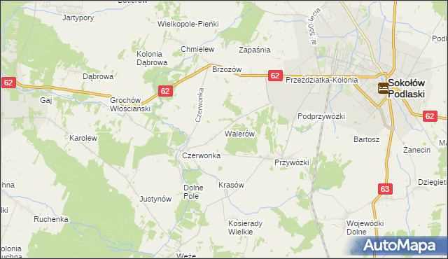 mapa Walerów gmina Sokołów Podlaski, Walerów gmina Sokołów Podlaski na mapie Targeo