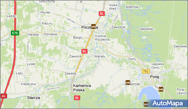 mapa Wanaty gmina Kamienica Polska, Wanaty gmina Kamienica Polska na mapie Targeo