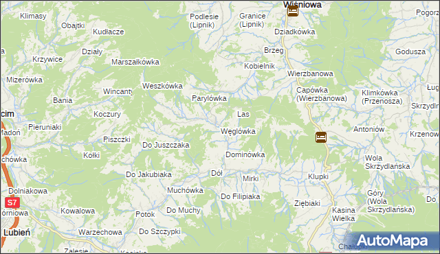 mapa Węglówka gmina Wiśniowa, Węglówka gmina Wiśniowa na mapie Targeo