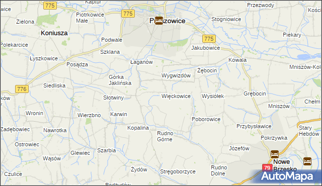 mapa Więckowice gmina Proszowice, Więckowice gmina Proszowice na mapie Targeo