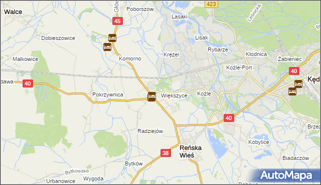 mapa Większyce, Większyce na mapie Targeo