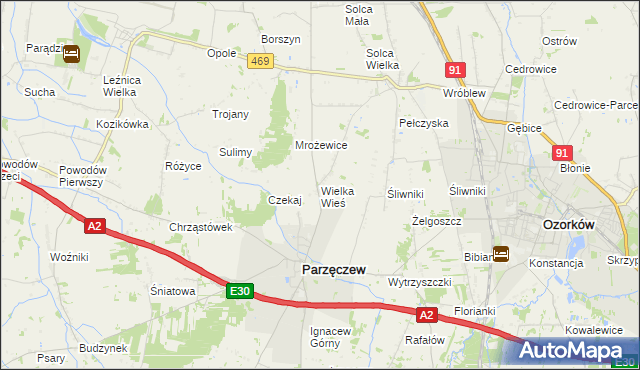mapa Wielka Wieś gmina Parzęczew, Wielka Wieś gmina Parzęczew na mapie Targeo
