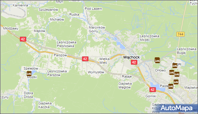 mapa Wielka Wieś gmina Wąchock, Wielka Wieś gmina Wąchock na mapie Targeo