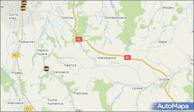 mapa Wierzbięcice gmina Nysa, Wierzbięcice gmina Nysa na mapie Targeo