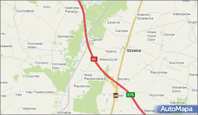 mapa Wieszczyce gmina Strzelce, Wieszczyce gmina Strzelce na mapie Targeo