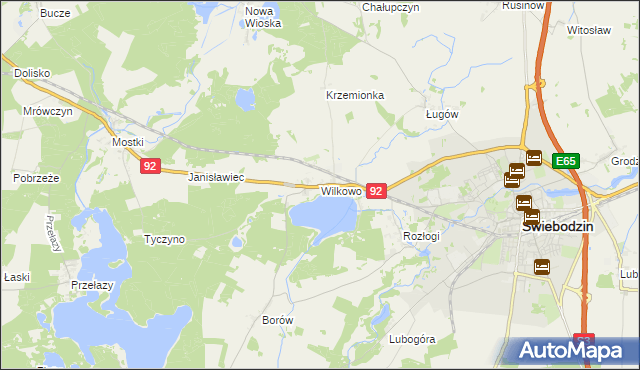 mapa Wilkowo gmina Świebodzin, Wilkowo gmina Świebodzin na mapie Targeo