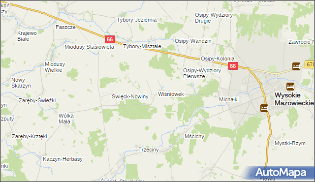 mapa Wiśniówek gmina Wysokie Mazowieckie, Wiśniówek gmina Wysokie Mazowieckie na mapie Targeo