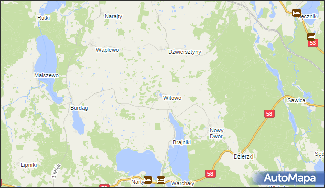 mapa Witowo gmina Jedwabno, Witowo gmina Jedwabno na mapie Targeo