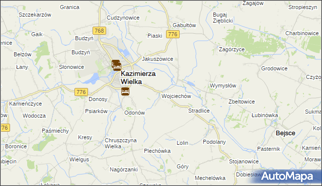 mapa Wojciechów gmina Kazimierza Wielka, Wojciechów gmina Kazimierza Wielka na mapie Targeo