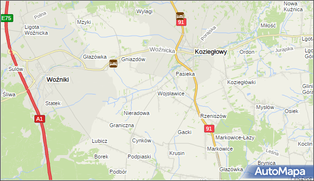 mapa Wojsławice gmina Koziegłowy, Wojsławice gmina Koziegłowy na mapie Targeo