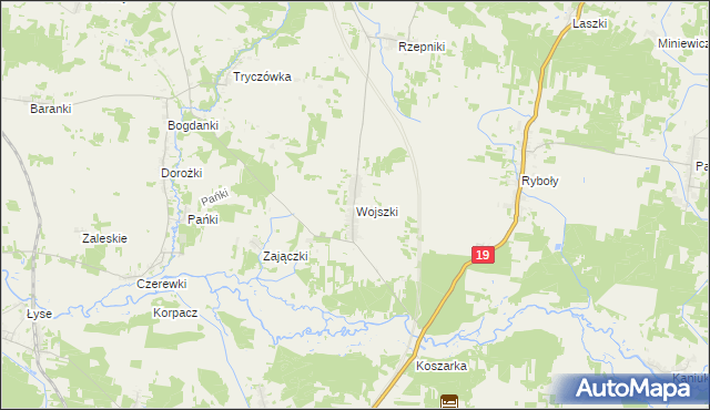 mapa Wojszki gmina Juchnowiec Kościelny, Wojszki gmina Juchnowiec Kościelny na mapie Targeo