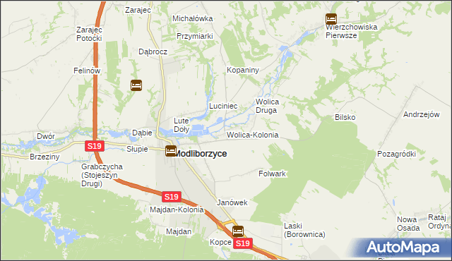 mapa Wolica-Kolonia gmina Modliborzyce, Wolica-Kolonia gmina Modliborzyce na mapie Targeo