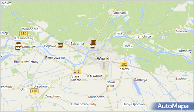 mapa Wronki powiat szamotulski, Wronki powiat szamotulski na mapie Targeo