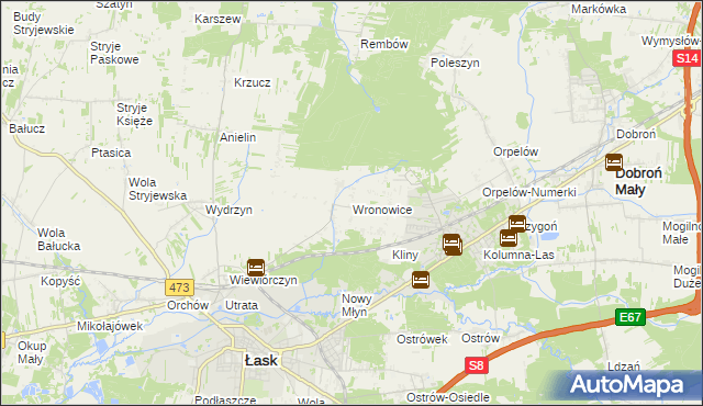 mapa Wronowice gmina Łask, Wronowice gmina Łask na mapie Targeo