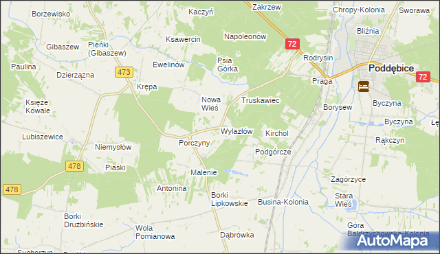 mapa Wylazłów gmina Poddębice, Wylazłów gmina Poddębice na mapie Targeo