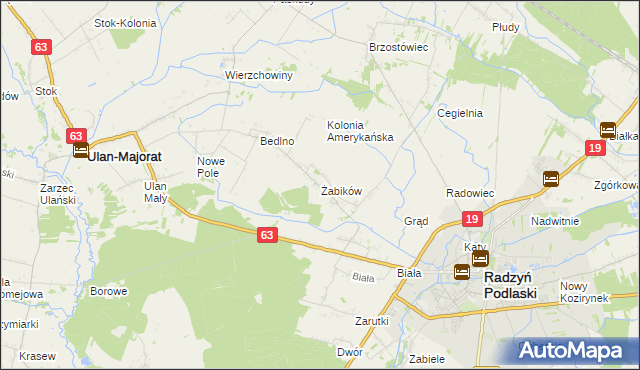 mapa Żabików gmina Radzyń Podlaski, Żabików gmina Radzyń Podlaski na mapie Targeo