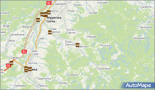 mapa Żabnica gmina Węgierska Górka, Żabnica gmina Węgierska Górka na mapie Targeo