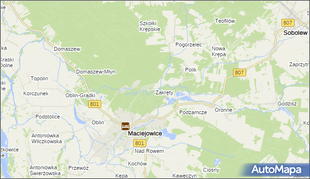 mapa Zakręty gmina Maciejowice, Zakręty gmina Maciejowice na mapie Targeo