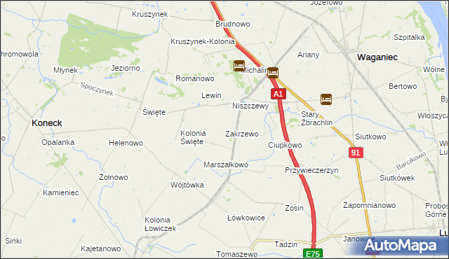 mapa Zakrzewo gmina Waganiec, Zakrzewo gmina Waganiec na mapie Targeo