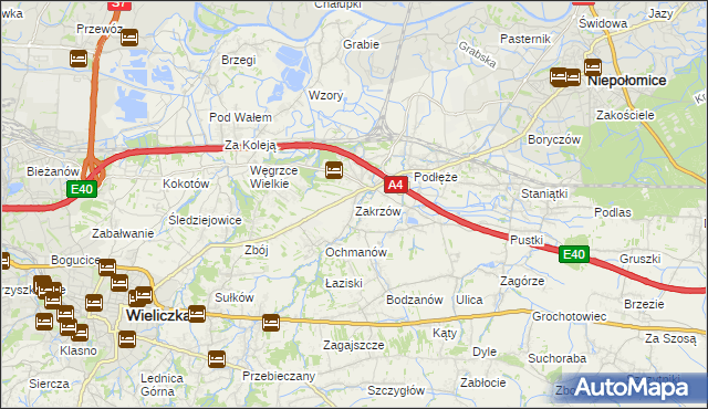 mapa Zakrzów gmina Niepołomice, Zakrzów gmina Niepołomice na mapie Targeo