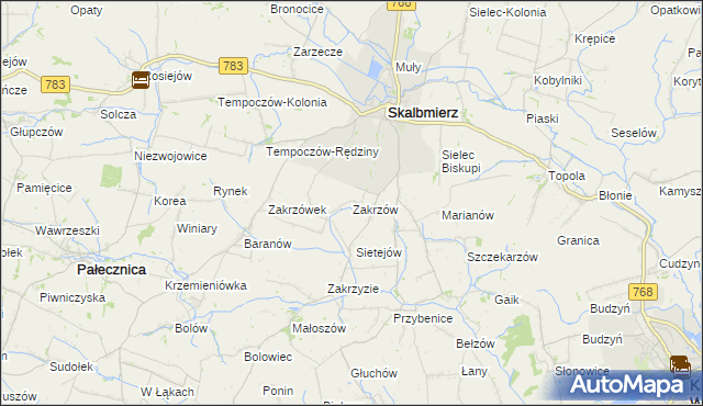 mapa Zakrzów gmina Skalbmierz, Zakrzów gmina Skalbmierz na mapie Targeo