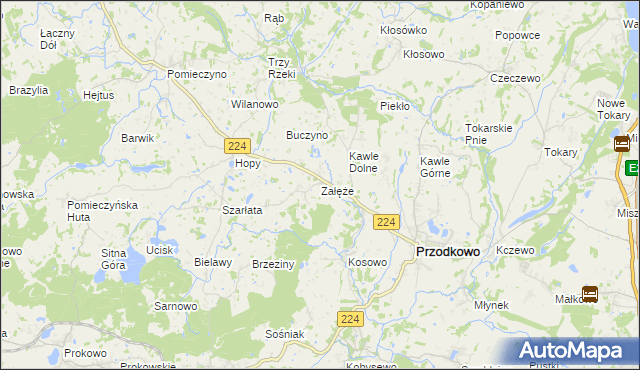 mapa Załęże gmina Przodkowo, Załęże gmina Przodkowo na mapie Targeo