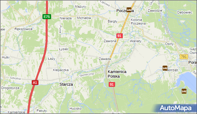 mapa Zawada gmina Kamienica Polska, Zawada gmina Kamienica Polska na mapie Targeo