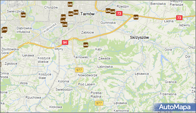 mapa Zawada gmina Tarnów, Zawada gmina Tarnów na mapie Targeo