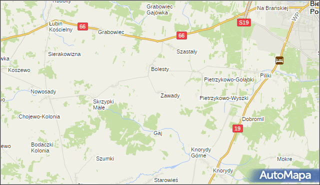 mapa Zawady gmina Bielsk Podlaski, Zawady gmina Bielsk Podlaski na mapie Targeo