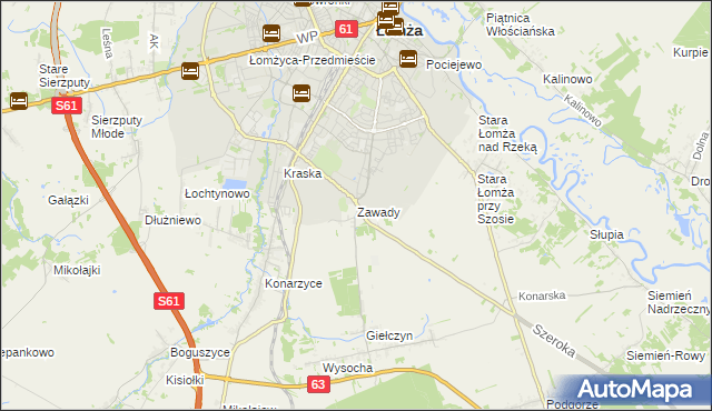 mapa Zawady gmina Łomża, Zawady gmina Łomża na mapie Targeo