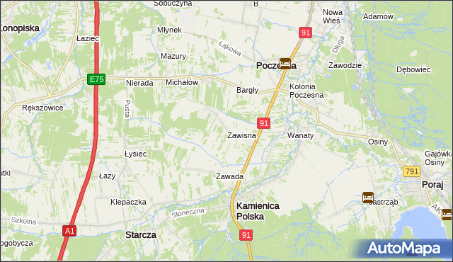 mapa Zawisna gmina Kamienica Polska, Zawisna gmina Kamienica Polska na mapie Targeo