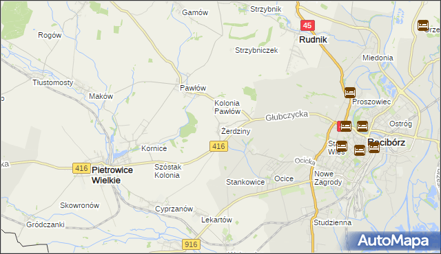 mapa Żerdziny gmina Pietrowice Wielkie, Żerdziny gmina Pietrowice Wielkie na mapie Targeo