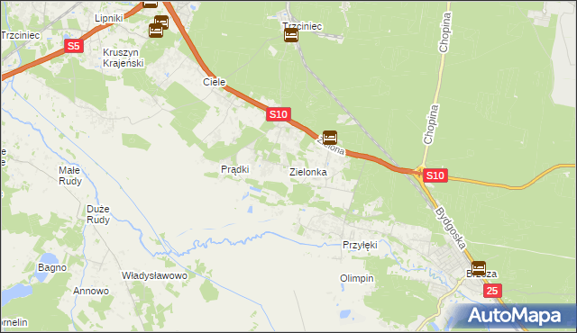 mapa Zielonka gmina Białe Błota, Zielonka gmina Białe Błota na mapie Targeo