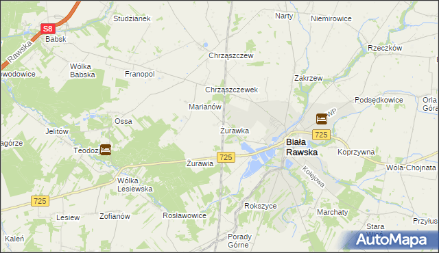 mapa Żurawka gmina Biała Rawska, Żurawka gmina Biała Rawska na mapie Targeo