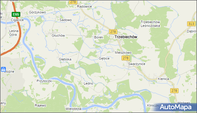 mapa Gębice gmina Trzebiechów, Gębice gmina Trzebiechów na mapie Targeo