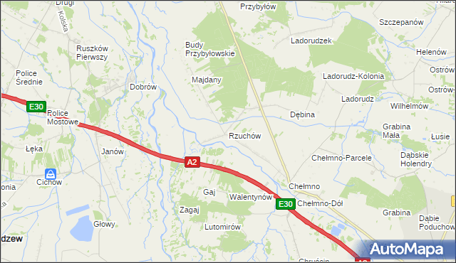 mapa Rzuchów gmina Dąbie, Rzuchów gmina Dąbie na mapie Targeo